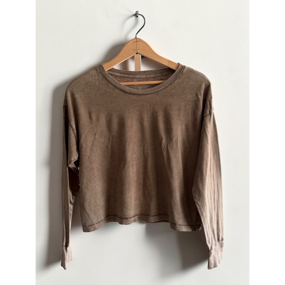 Aerie‎ Womens XS Brown Mineral Wash Long Sleeve Cropped T-Shirt Oversized Fit
